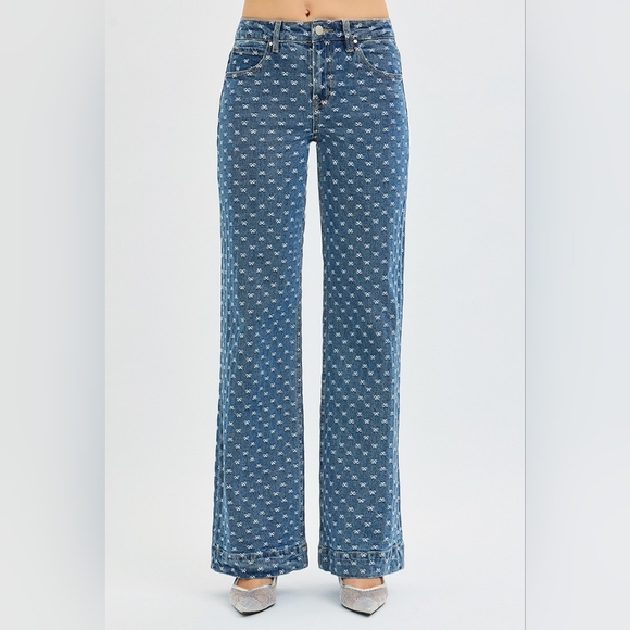 Risen High Rise Dark Wash Classic Wide Leg Jeans Bow Embroidered Various NEW - Picture 4 of 16